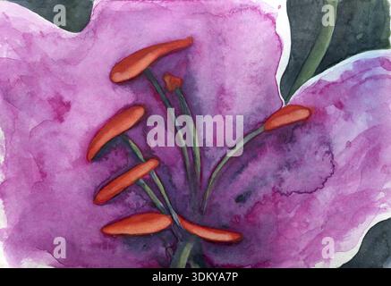 Stempelnaht-Original-Aquarellgemälde in Orange und Pink Stockfoto