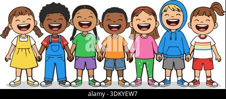 Vielfältige Gruppe von sieben glücklichen Kindern, die Hände halten und lachen, multikulturelles Freundschaftskonzept, flache Vektor-Illustration. Stock Vektor