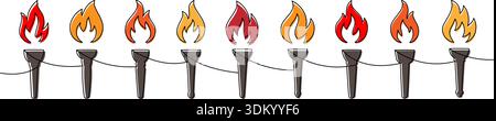 Farbige durchgehende Taschenlampen mit Flammen. Minimalistischer einzeiliger Vektor-Kunstsatz. Symbolisiert Sieg, Protest und Freiheit Stock Vektor