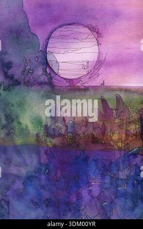 Abstrakt gemalt Original Aquarell und Tinte Stift Hintergrund Textur - Sonnenlandschaft Stockfoto