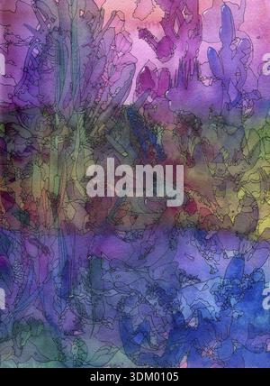 Abstrakt gemaltes Original Aquarell und Tinte Stift Hintergrund Textur in drei Feldern - Rosa, Gelb und Blau Stockfoto