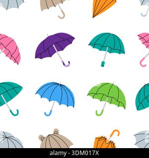 Nahtloses buntes Regenschirmmuster mit offenen und geschlossenen Sonnenschirmen, helles Vektordesign für Textilien, Tapeten und Geschenkpapier Stock Vektor