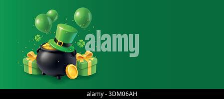 St. Patricks Day Komposition mit Topf mit Gold, Ballons, Kobold Hut und Geschenkboxen Stock Vektor