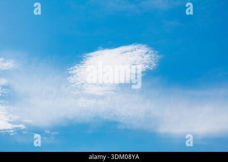 Helle weiße Cumulus-Wolke vor einem leuchtend azurblauen Himmel. Minimalistische Komposition mit diffusen weißen Zirruswolken unter einem stärker definierten Patch Stockfoto