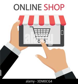 Abbildung: Online-Shopping auf Website oder Mobile-Anwendung auf grünem Hintergrund Stock Vektor