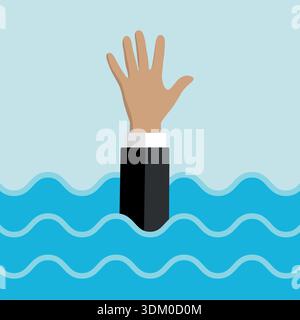 Illustration eines ertrinkenden Geschäftsmannes Hand im Wasser, der dem Unternehmen hilft, das Rettungskonzept horizontal zu überleben Stock Vektor