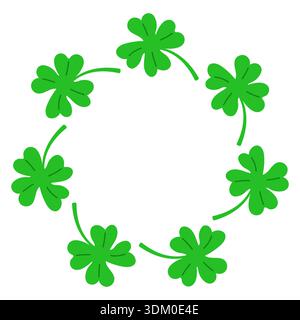 Skurriler Vektorkreisrahmen aus grünen Kleeblättern. Niedlicher handgezeichneter Schamrock-Kranz isoliert auf weißem Hintergrund, perfekt für St. Patricks Day Stock Vektor