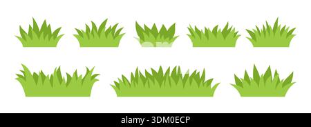Set aus grünen Grasbuchsen und flachen Rasenelementen. Cartoon Natur Landschaft frisches Wachstum Frühlingsgras Blätter Silhouetten für Eco Garden, Park, Wiese, Green Outdoor Scene. Vektorabbildung Stock Vektor