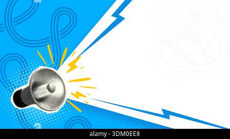 Megaphone Pop Art Hintergrund Mit Blitz- Und Halbtonpunkten Auf Blauem Layout. Vorlage Für Die Ankündigung Von Loud Comic Für Marketing Und Medien. Leistungsstarke Marketingbotschaften. Vektorabbildung Stock Vektor