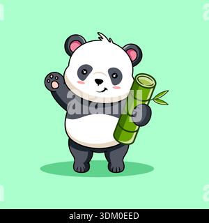 Freundliche Cartoon Panda Wehen mit Bambus Stick Vektor Illustration Cartoon Design Stock Vektor