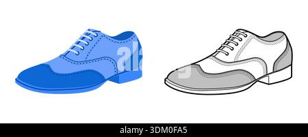 Spectator Herren blau flach plus Line Set. Zweifarbiger oxford Derby Schnürschuh mit klassischem formellem Anzug. Technische Mode Illustration CAD Modell Skizze Vektor Frauen Unisex isoliert. Stock Vektor