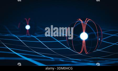Quantenmechanik Entanglement Concept Blue Grid Background Copy Space. 3D-Rendering Stockfoto