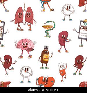 Groovige Medizin und menschliche Organfiguren Muster auf Zeichentrickhintergrund, nahtloser Vektor. Groovige lustige medizinische Pille, Gehirn und Niere mit Doktor Pre Stock Vektor