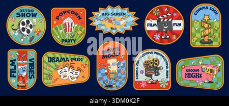 Kinofiguren Hippie-Label-Aufkleber und y2k-Patches mit niedlichem Cartoon-Ticket, 3D-Gläsern, Popcorn und Limonade. Vektor-Retro-groovige Filmrolle, Vintage-Kamera und Aufkleber mit Klapptafel Stock Vektor