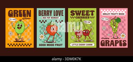 Reife Beeren groovige Hippie-Charaktere Poster mit lächelnden Erdbeeren-, Kirsch-, Trauben- und Stachelbeerfrüchten. Vektor-Retro-Karten mit lustigen süßen Lebensmitteln y2k-Persönlichkeiten und fröhlichen Typografie-Slogans Stock Vektor