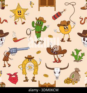 Groovige Hippie-Western-Charaktere, nahtloses Muster des wilden Westens. Karikaturvektor-Fliesenhintergrund mit Kakteen in Stiefeln, glücklichen Revolvern, Sheriff s Stock Vektor