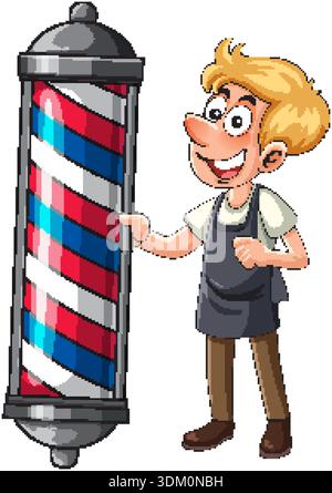 Lächelnder Cartoon-Friseur in der Schürze zeigt auf traditionelle rote, weiße, blau gestreifte Friseurstange Illustration Stock Vektor