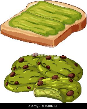 Flache Vektor-Illustration von geröstetem Brot mit grünem Aufstrich und Matcha-Schokoladen-Chip-Cookies Stock Vektor