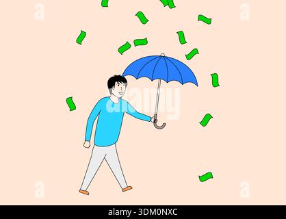Der Mann hält einen Regenschirm und geht durch einen Haufen Geld. Konzept von Reichtum und Überfluss, da der Mann von einer großen Menge Bargeld umgeben ist. T Stock Vektor