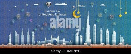 Jubiläumsfeier Nationaltag Vereinigte Arabische emirate mit arabischem Muster Hintergrund. Reise-Silhouette Wahrzeichen der Architektur der VAE in abu dhabi WIT Stock Vektor