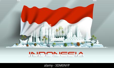 Unabhängigkeitsjubiläum Nationalfeier in Indonesien Flaggenhintergrund mit Reise Wahrzeichen Architektur von Malaysia in jakarta, sumatra mit Stock Vektor