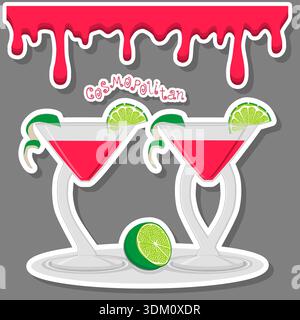 Illustration über das Thema des schönen Alkohol Cocktail kosmopolitan, hell kosmopolitan bestehend aus Vollglasbecher mit transparentem Cocktail und Würfeln Stock Vektor