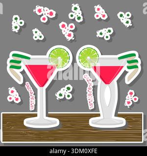 Illustration über das Thema des schönen Alkohol Cocktail kosmopolitan, hell kosmopolitan bestehend aus Vollglasbecher mit transparentem Cocktail und Würfeln Stock Vektor