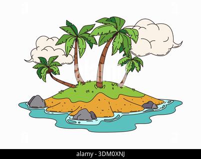 Pirateninsel Cartoon-Ufer und Palmen, Schatzkarte Details. Corsair Island Umwelt Asset, Piraterie nautisches Abenteuer Vektor Welt Objekt. Schatzkarte mit drei Palmen auf einer kleinen Insel Stock Vektor