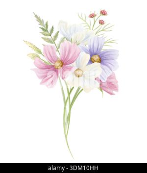 Zarter Kosmos Blumenstrauß mit abgelegtem Gras Aquarellillustration isoliert auf weiß. Handgezeichnete Wildblumen rosa und lila Pastellfarben Stockfoto