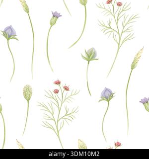 Feldblumen nahtloses Aquarellmuster auf weiß. Frühlingsblühende Wiese wiederholt Hintergrund mit Gras und Blütenknospen in pastellgrünen Farben. Einfach Stockfoto
