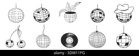Disco Ball Set, Skizze y2k Linie Tattoo kreativ. Retro Doodle Party handgezeichnete Dekoration. Musik, Party und Vintage. Vektorabbildung Stock Vektor