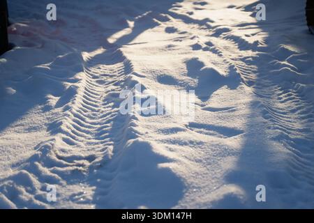 Schneebedeckter Boden mit tiefen Reifenspuren und glitzernden Eiskristallen in der tiefen Wintersonne, strukturierte Oberfläche für die kalte Jahreszeit mit Fahrzeugspuren und Schatten für Stockfoto