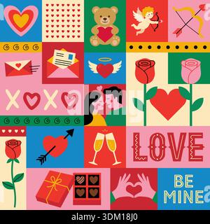 Hintergrund mit geometrischem Muster am Valentinstag. Handgezeichnete Love-Designelemente. Trendige quadratische Postervorlage für soziale Medien. Vektorabbildung Stock Vektor