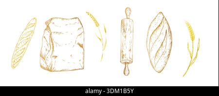 Vektorset von Brot und Bäckerei. Grafiktinte, Rollstift, Ähren von Weizen, Brotbrot, Vollkornbrot, Ciabatta, braunes hausgemachtes Baguette. Brötchen Stock Vektor