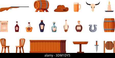 Westliche Tavernen. Salonmöbel und -Gegenstände. Alkoholflaschen, Holzfass, Cowboyhut, Türen und Pistole. Isolierte wilde Westen sapid Vektor Clipart Original-Kunstwerk Stock Vektor
