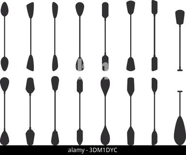 Kajakpaddel. Flache schwarze Schaufelsilhouetten zum Schneiden. Verschiedene Ruderzubehör für Boote, Wassertransporte und Schiffe. Isoliertes Meer, Ozeansymbole sapid Vektor setzen originale Kunstwerke Stock Vektor
