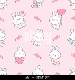 Nahtloses Häschen-Muster lieben. Kawaii-Häschen mit Herzen, Valentinstag-Tierfiguren. Romantische Tiere, lustige Kaninchen Cupid, heute Vektor Hintergrund Original Kunstwerk Stock Vektor