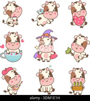 Kawaii Kuh. Lustige Kühe Aufkleber, isolierte Tiere verschiedene Posen und Emotionen. Bauernhoftier im Becher, mit Pflanzen, mit hexenkap und Hut, heute Vektorfiguren Originalkunstwerk Stock Vektor