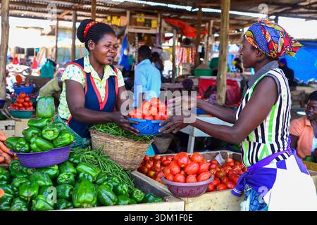 Eine fröhliche Frau verkauft frische Produkte auf dem Kalerwe Market in Kampala, Uganda, und bringt Farbe, Leben und lokalen Geschmack auf einen der geschäftigsten Märkte der Stadt. P Stockfoto