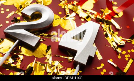 Nummer 24 Geburtstagsziffer auf rotem Festtag mit Konfetti-Hintergrund. 24 Jahre Geburtstag. Konzept von Geburtstag, Jubiläum und Datum. CL Stockfoto