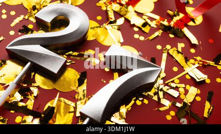Nummer 27 Geburtstagsziffer auf rotem Festtag mit Konfetti-Hintergrund. 27 Jahre Geburtstag. Konzept von Geburtstag, Jubiläum und Datum. c Stockfoto