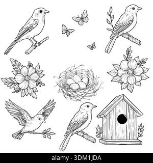 Spatzen und ein Nest mit Eiern, schwarz-weiße Skizze. Vektorabbildung. Frühlingsvögel, ein Vogelhaus und Blumen, isoliert auf weißem Hintergrund Stock Vektor