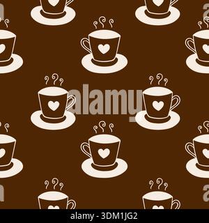 Warmes braunes Muster mit Tassen gefüllt mit Heißgetränk, einfaches handgezeichnetes Herz auf Tasse, Kaffee oder Tee, Heißgetränk Symbol. Vektorabbildung Stock Vektor