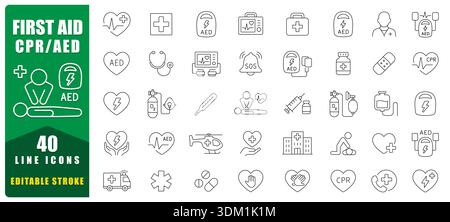 Erste-Hilfe-HLW-AED-Leitungs-Symbolsatz mit Notfallversorgung, medizinischen Geräten, lebensrettenden Maßnahmen und Symbolen für das Gesundheitswesen. Ideal Für Training Und Sicherheit Stock Vektor