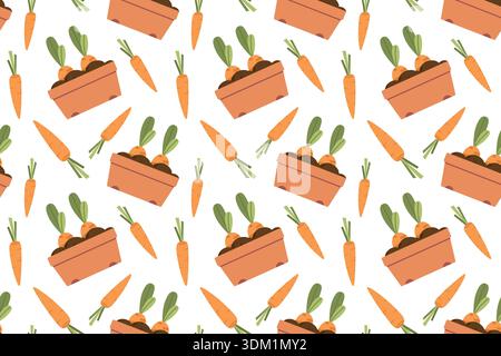 Nahtloses Muster mit Pflanzensetzlingen und Karotten. Sommerserie mit flachen Illustrationen. Werkzeuge für den Pflanzenanbau, Gartenbau und Gemüsegarten. Stock Vektor