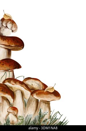Wasserfarbe Porcini Pilze vertikaler Rand mit Kopierraum Stockfoto
