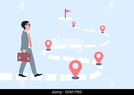 Geschäftsmann Project Road. Roadmap für Geschäftsreisen und Arbeitsmanagement Schritt für Schritt. Workflow-Prozess, Unternehmensfortschrittsziele, aktuelles Vektorkonzept Stock Vektor