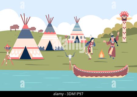 Amerikanisches indianerdorf. Stammeshütten, Wigwam in der Nähe des Wassers. indianer fahren Kanu auf dem Fluss. Erwachsene tragen traditionelle Kostüme, rituelle Tänze, neuere Tage Stock Vektor