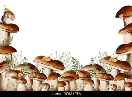 Wasserfarbe Porcini Pilze Grenzen mit Waldpflanzen Stockfoto