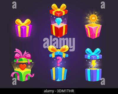 Geschenkbox Spielbonus. Offene Geschenkbox, Spieleebene Überraschung Mystery Präsent Frage Casino Jackpot Preis Papierboxen Explosion Magie Belohnung ui App Symbole, Kicky Vektor Illustration Original Artwork Stock Vektor